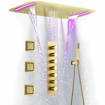 3 masajlı duş başlığı ve pirinç duş başlığı mikseri ile tavana monte LED yağmur biçimli duş sistemi