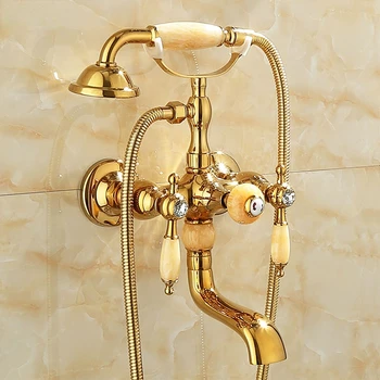 Altın Banyo Duş Musluk Duvara Monte Küvet Musluk duş başlığı Yeşim Kolu Çift Kolu Sıcak ve Soğuk Su musluk bataryası