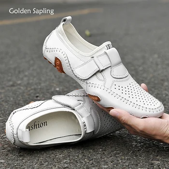 Altın Fidan Yaz Loafer'lar Moda gündelik erkek ayakkabısı Nefes Deri Flats Yumuşak Kauçuk Sürüş Flats Erkekler İş Loafer'lar