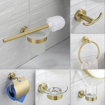 Banyo Donanım Seti Fırçalanmış Altın tuvalet fırçası Tutucu bornoz askısı Kağıt Tutucu Sabunluk Tutucu Duvara Monte Banyo Aksesuarları