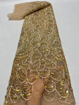 El yapımı Boncuklu Fransız Dantel Kumaş 2023 Altın Dantel İnci Pullu Nakış Tül Kumaş Kadınlar için Elbise Dikmek düğün elbisesi Dantel