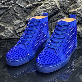 En Lüks Koyu Mavi Hakiki Deri Perçin Dolu Kırmızı Dipleri Yüksek Ayakkabı erkekler İçin Rahat Flats Loafer'lar kadın Marka Spor Ayakkabı