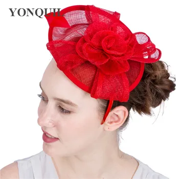 Gelin Muhteşem Mariage Kırmızı Şapka Fascinator Kafa Bandı Kadın Vintage Parti Başlığı Sinamay Şapka Resmi Elbise Durum Chapeau Kap