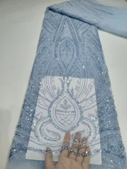 Gök mavisi Tül Afrika Düğün Parti Elbiseler DİY Yüksek Kaliteli Net Dantel Kumaş Toptan Örgü Tekstil İnciler İle 2023