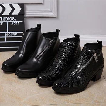 İngiliz Tarzı Kişilik Erkek Deri Çizmeler Sivri Burun kısa çizmeler İnek Derisi Fermuar Moda Deri yüksek topuklu ayakkabı erkek ayakkabıları