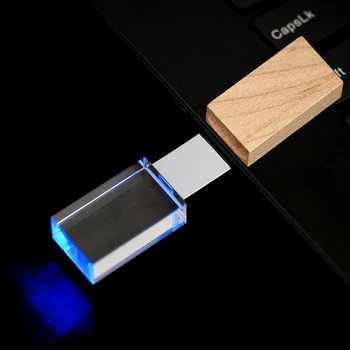 JASTER Renkli LED Kristal 2.0 USB bellek Sürücüler 128GB Ücretsiz Özel Logo Düğün Fotoğrafçılığı Hediye Memory Stick Ahşap Şapka ile