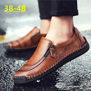 Klasik gündelik erkek ayakkabısı Hakiki Deri Nefes Erkekler Flats Moccasins Loafer'lar Fermuar erkek Sürüş Erkek Ayakkabı Büyük Boy 38-48