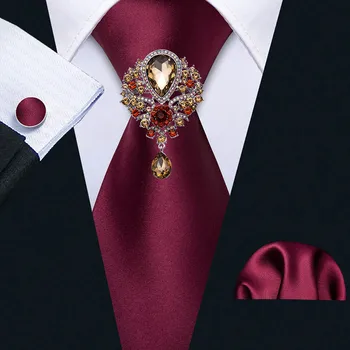 Kırmızı Saten İpek Kravat kristal broşlar Erkekler Düğün Kravat Mendil Seti Barry.wang Moda Tasarımcısı Katı Kravatlar Erkekler için Hediye Parti
