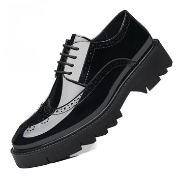 Platformu Yüksek Topuk 4/7/9 CM Yükseklik Artış Casual Erkek Brogue Patent Deri Ayakkabı Adam Oxford Elbise Ayakkabı Asansör Resmi Düğün