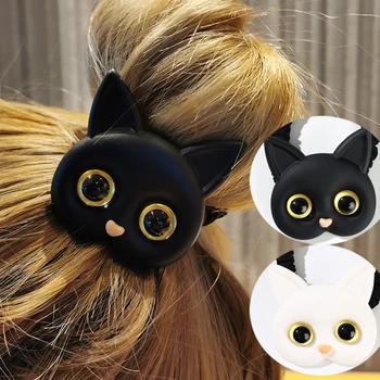 Siyah Beyaz Kedi Karikatür lastik bantlar Kadın Kız Çocuklar Elastik saç Bantları Reçine Hayvan Şapkalar Güzel saç aksesuarları Süs