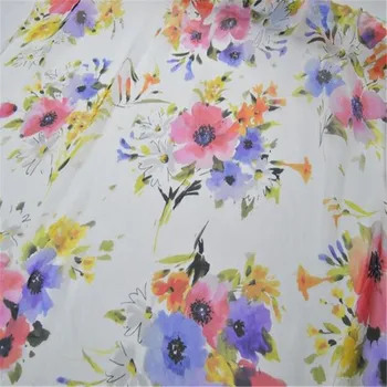 Taze Beyaz Taban Büyük Çiçek Baskı Kız Parti Zarif Elbise için 100% Saf İpek Şifon Kumaş