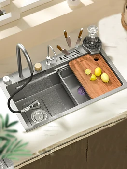 Yeni Gri Nano 304 paslanmaz çelik mutfak lavabosu Şelale Lavabo Havzası Büyük Tek Yuvası Şelale Musluk Mutfak