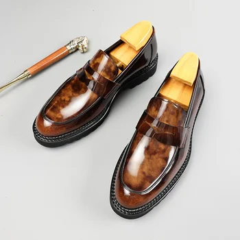 Yeni Parlak Yüz İş Rahat deri ayakkabı erkek Hakiki Deri Kalın Taban Kapağı Ayak Lefu Ayakkabı
