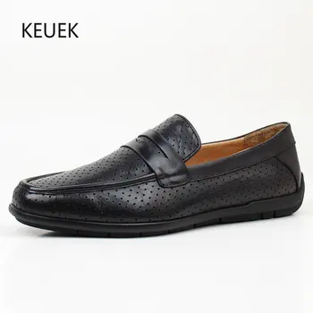 Yeni Tasarım Loafer'lar Erkekler Hakiki Deri El Yapımı Rahat Nefes Yumuşak Alt Moccasins Erkek Ayakkabı Flats Elbise Oxfords Siyah 5C