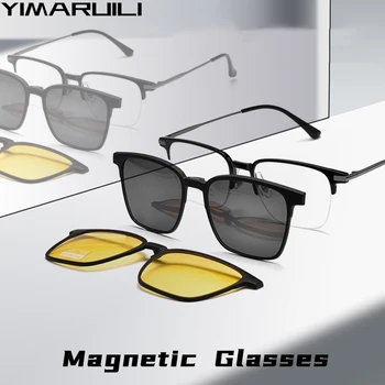 YIMARUILI Moda Manyetik Polarize Klip Gözlük parlama Önleyici Ultra hafif Titanyum Optik Reçete erkek Yarım çerçeve Gözlük