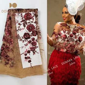 Şarap Kırmızı Payetli Işlemeli Örgü Dantel Kumaş Afrika Fransız Net Tül Kumaşlar 2018 Çiçek Sequins Gipür Akşam Elbise Danteller