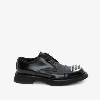Siyah Çiviler Başak erkek ayakkabısı gümüş parıltılı Loafer'lar Dantel-Up El Yapımı Sığır Derisi Deri Erkek Ayakkabı Parlayan Perçinler Elbise Ayakkabı